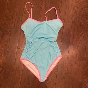 Elegant Women's One-Piece Swimsuit in Light Blue with Pink Accents